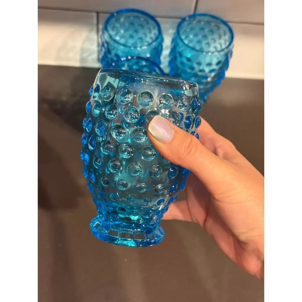 Vintage Set of 4 Indiana Glass Hobnail Juice Glasses Bright Blue Footed VTG